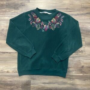 Floral Embroidered Green Sweater Perfect For Fall